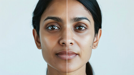 Indian patient divided between before and after the aesthetic procedure in light background