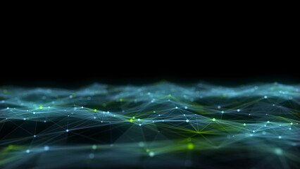 Color abstract wave background with dots and lines moving in space. Technology illustration. Futuristic modern dynamic wave. 3d rendering.