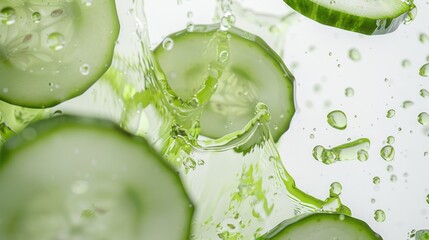 Fresh cucumber slices floating in water, perfect for health and wellness concepts