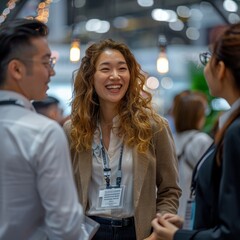 Fototapeta premium Asian people in business casual attire as they gather at an exhibition booth, relishing in each other's company after the fair.