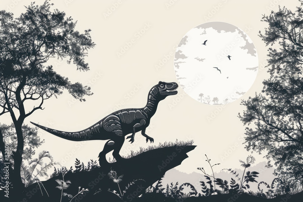 Poster a black and white image of a dinosaur in a mysterious forest. perfect for nature and fantasy themes
