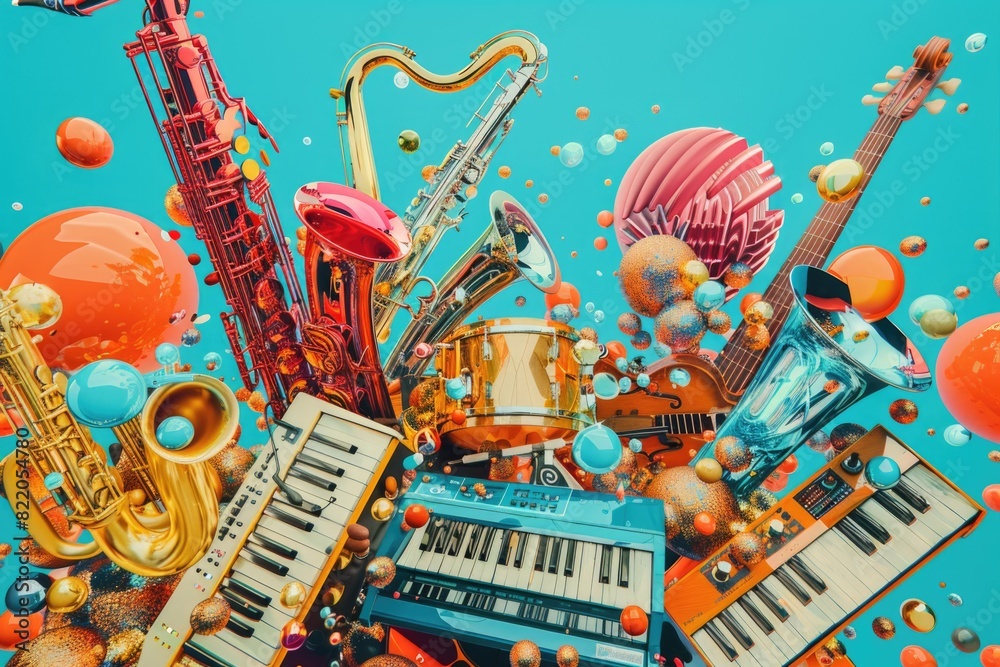 Poster Musical instruments floating in the air. Suitable for music and creativity concepts