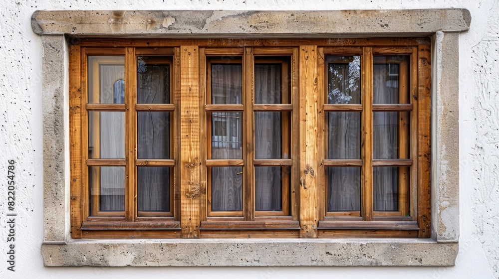 Poster a simple wooden window with curtains on a clean white wall. suitable for interior design concepts