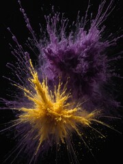 Vibrant explosion of purple, yellow paints collides, creating dynamic, visually striking effect against dark background. Yellow paint erupts from bottom.
