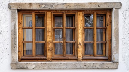 Obraz premium A simple wooden window with curtains on a clean white wall. Suitable for interior design concepts