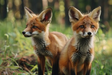 Fototapeta premium Two foxes standing on a vibrant green field, suitable for nature and wildlife themes