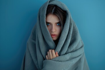 A woman wrapped up in a blanket, cozy and relaxed. Suitable for lifestyle and home decor concepts