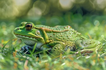 Obraz premium A green frog sitting on top of a lush green field. Suitable for nature and wildlife themes