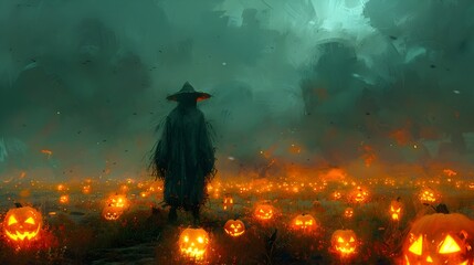 Vigilant Guardian A Scarecrow Protecting a Field of Glowing JackoLanterns on Halloween Night