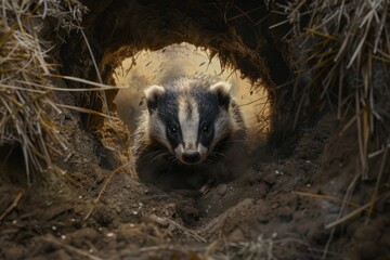 Obraz premium A small badger is peeking out of a hole. Suitable for nature and animal themes