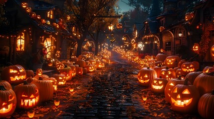 Obraz premium Whimsical Halloween Night Children in Costumes Gather Candy from Carved Pumpkin Decorated Doorsteps in Festive Neighborhood
