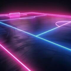 Neon 3D football pitch, glowing pink and blue lines, dark background, virtual sportive game design