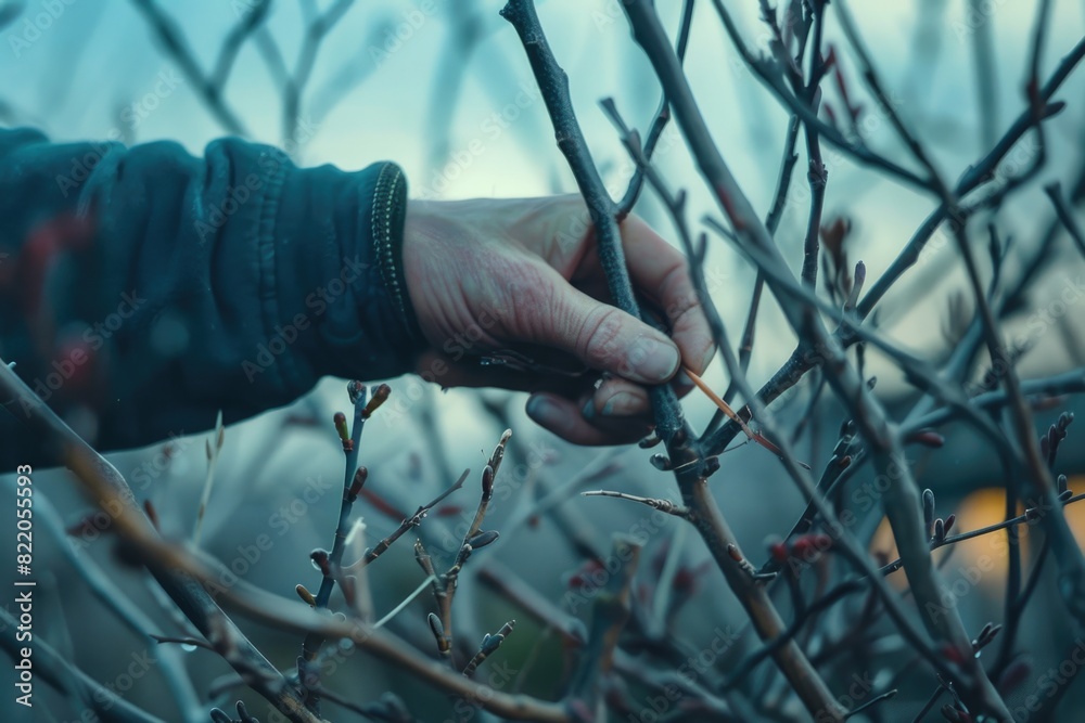 Poster person using scissors to trim branches, suitable for gardening or landscaping projects