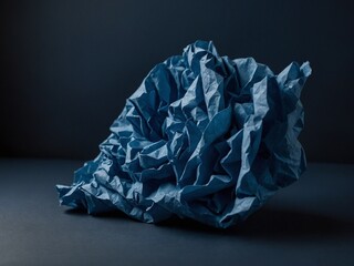 Fototapeta premium Piece of blue paper, crumpled, discarded, lies against backdrop of darkness. Interplay of light, shadow brings out intricate pattern of creases, folds. Texture of paper, emphasized by lighting.