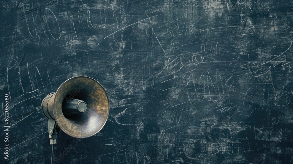 Poster Black and white image of a speaker on a blackboard. Suitable for educational concepts