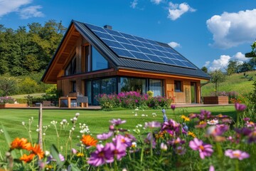 Modern house with solar panels on the roof and flowers in front of it.