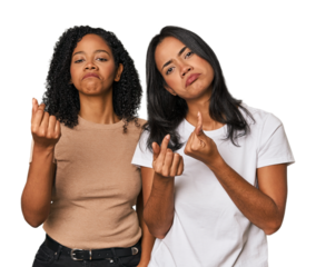 Young Latin friends in studio showing that she has no money.