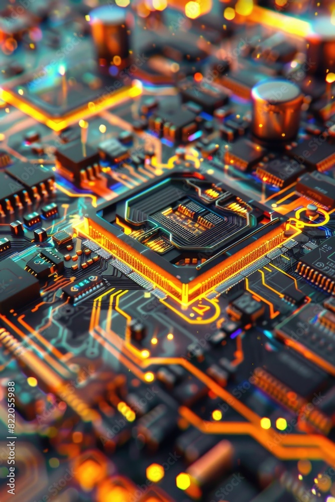 Poster Detailed view of a computer motherboard. Ideal for technology concepts