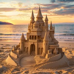 A sand castle is built on the beach with a castle in the background. The scene is serene and peaceful, with the sun setting in the background