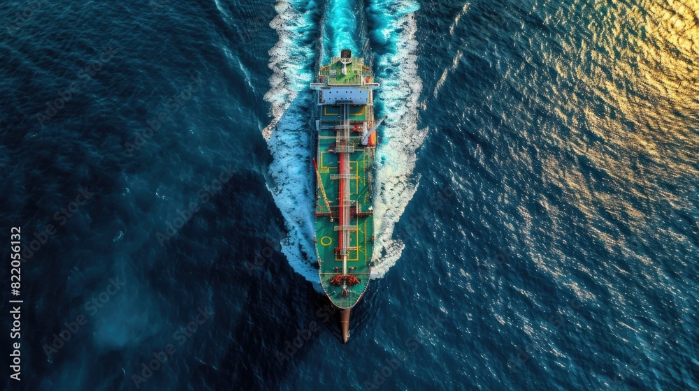 Poster a large cargo ship sailing through the vast ocean. ideal for transportation and travel concepts