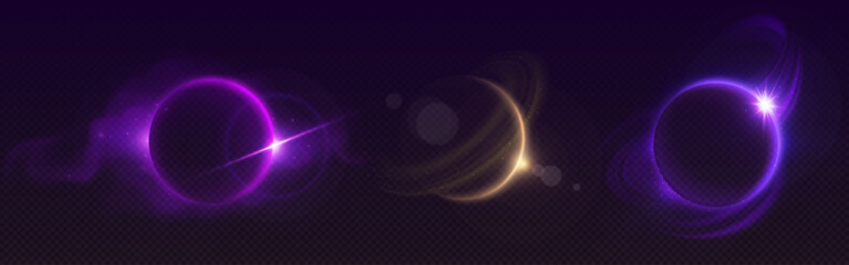 Solar moon eclipse ring light with flare vector. Total sun corona with round shine and sparkle. Bright universe neon ray for night sky overlay. Magic cosmic purple and galaxy golden lunar edge