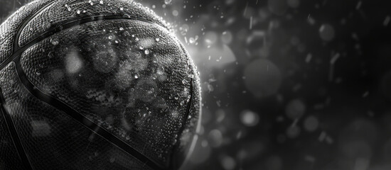 A black and white photo of a basketball in the rain, suitable for sports and weather-related designs