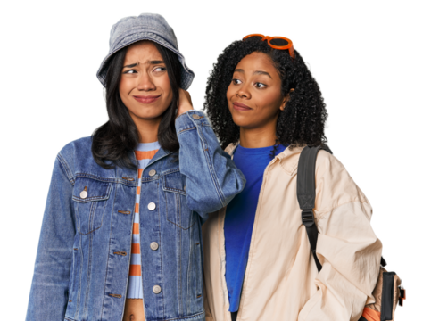 Latin friends ready for vacation touching back of head, thinking and making a choice.