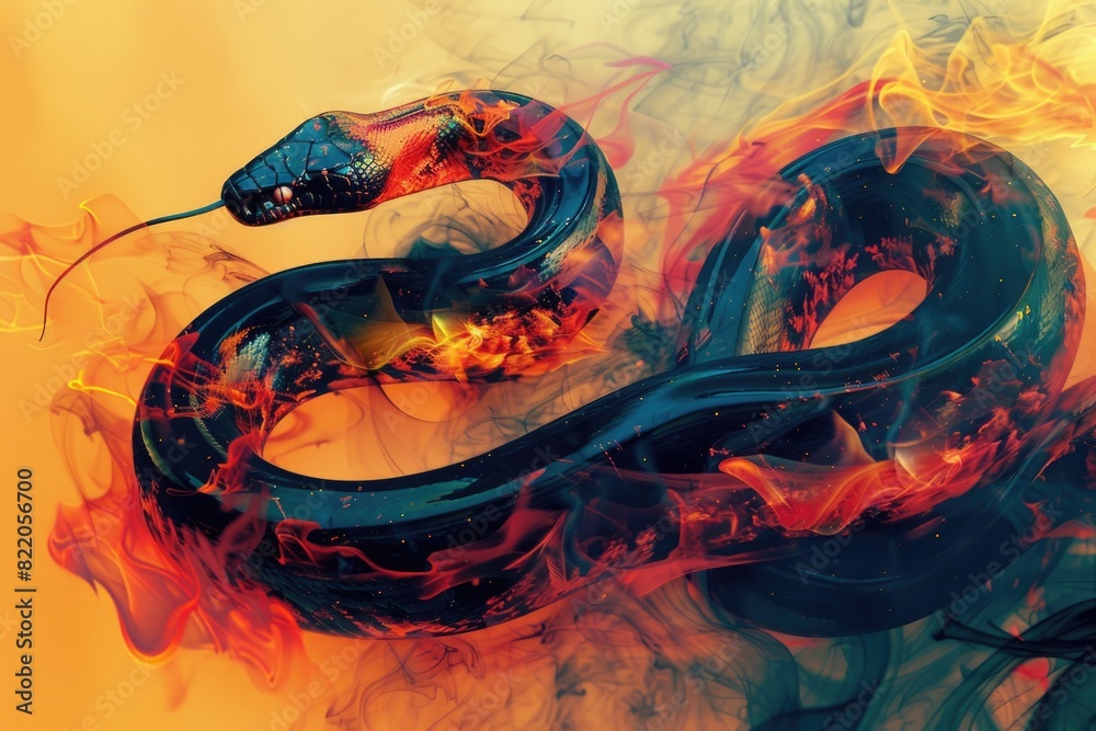 Poster A striking image of a black snake with vibrant red and yellow flames surrounding it. Perfect for various design projects