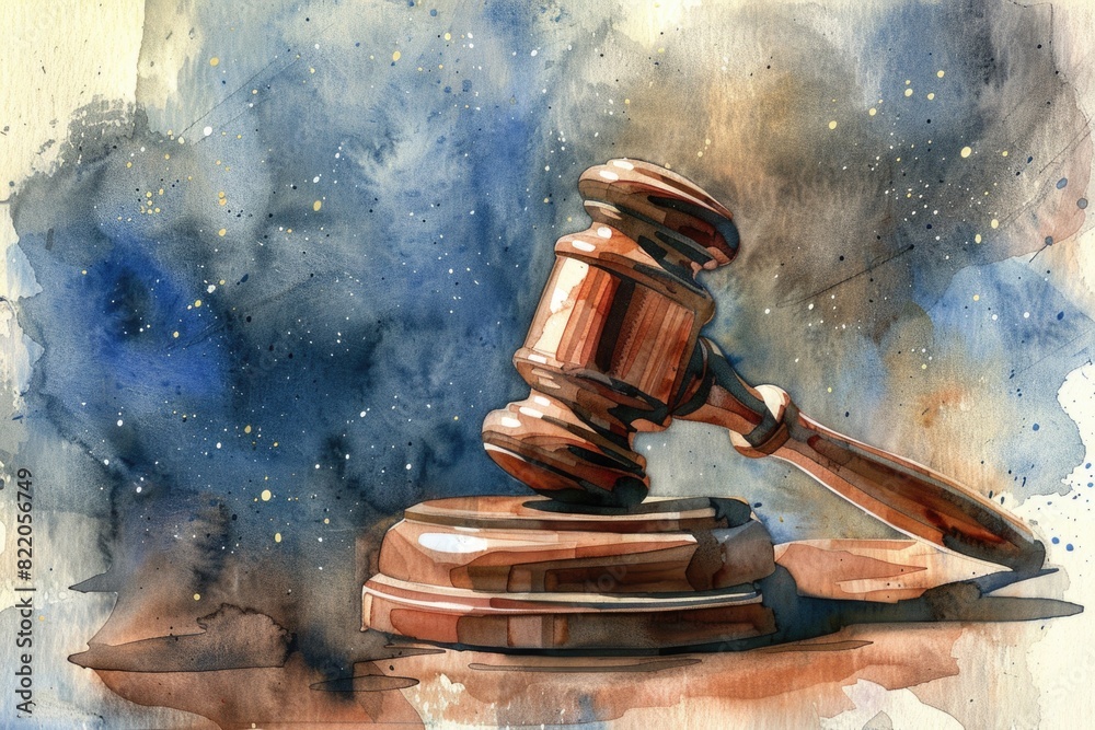 Poster a painting of a judge's gavel on a table. suitable for legal concepts