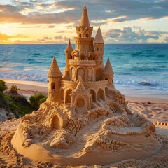 A sand castle is built on the beach with a castle on top of it. The beach is calm and peaceful, with the waves gently lapping at the shore