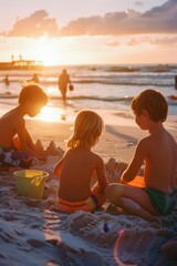 Three children are sitting on the beach, building a sandcastle. The sun is setting in the background, creating a warm and peaceful atmosphere