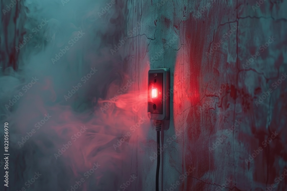 Poster a red traffic light on a pole next to a wall. suitable for traffic safety concepts