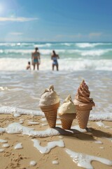 Three ice cream cones are on the sand next to the ocean. Scene is lighthearted and fun, as the ice cream cones are placed on the beach, a popular spot for relaxation and enjoyment