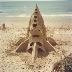 A sand castle shaped like a rocket is on the beach. The sand castle is very detailed and has a lot of windows