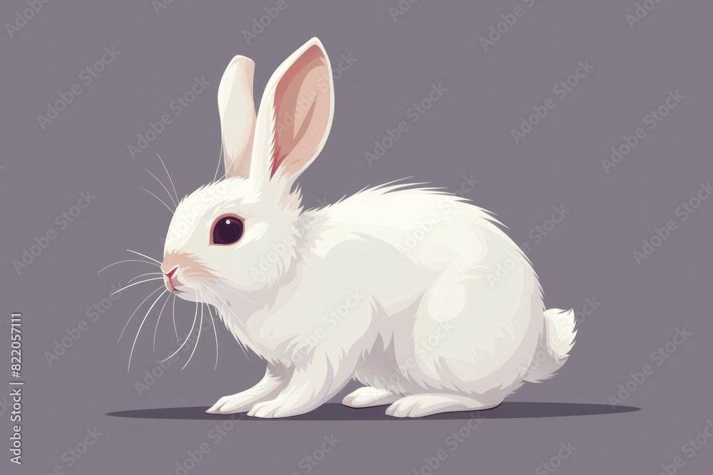 Poster a white rabbit sitting on a gray surface, suitable for various creative projects