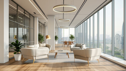 Modern office space featuring sleek furniture, expansive windows, and minimalist decor, ideal for creating a professional atmosphere for your Zoom Office Background and meetings.