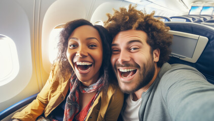 Happy laughing couple passengers taking selfie together sits in seat on an airplane enjoying flight - Powered by Adobe