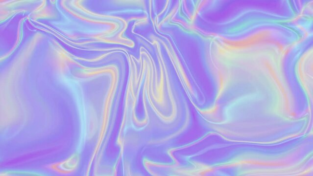 Abstract hologram fluid background, looping video wallpaper in gradient glossy shiny rainbow and purple colors 