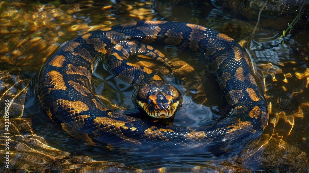 Poster a snake in the water with its mouth open. suitable for educational materials