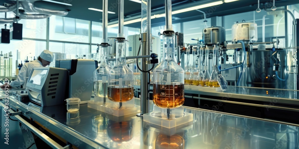 Poster a man working in a lab surrounded by bottles. suitable for educational or scientific content