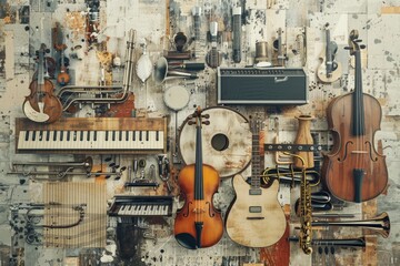 Various musical instruments hanging on a wall. Perfect for music stores or instrument sales promotions