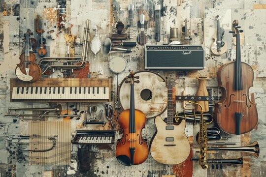 Various musical instruments hanging on a wall. Perfect for music stores or instrument sales promotions