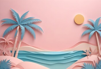 Paper art of a tropical beach. Aesthetic. Origami.  ocean, palm tree, sand ,sun. illustration. 