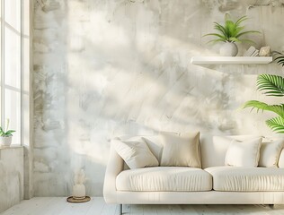 Modern living room interior with a beige sofa, white shelf and green plant near a concrete wall