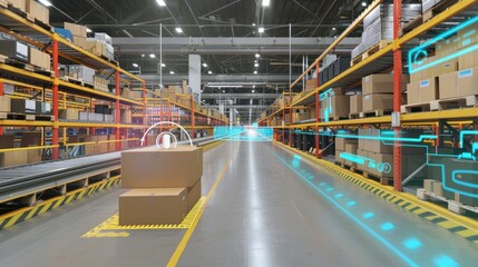 The concept of smart technology for industrial revolution and automated logistic control extends to future virtual reality technology, which promises innovative VR warehouse management solutions.