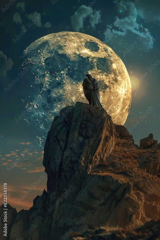 Poster a bird sitting on a rock with a full moon in the background. suitable for nature and wildlife themes