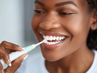 A person joyfully brushes their teeth with an electric toothbrush, conveying a sense of hygiene, self care, and wellness