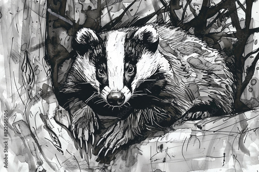 Poster a black and white drawing of a badger, suitable for various projects