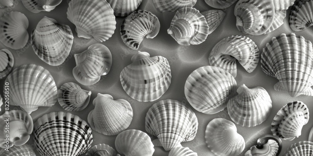 Poster a monochromatic image of various seashells. suitable for beach-themed designs