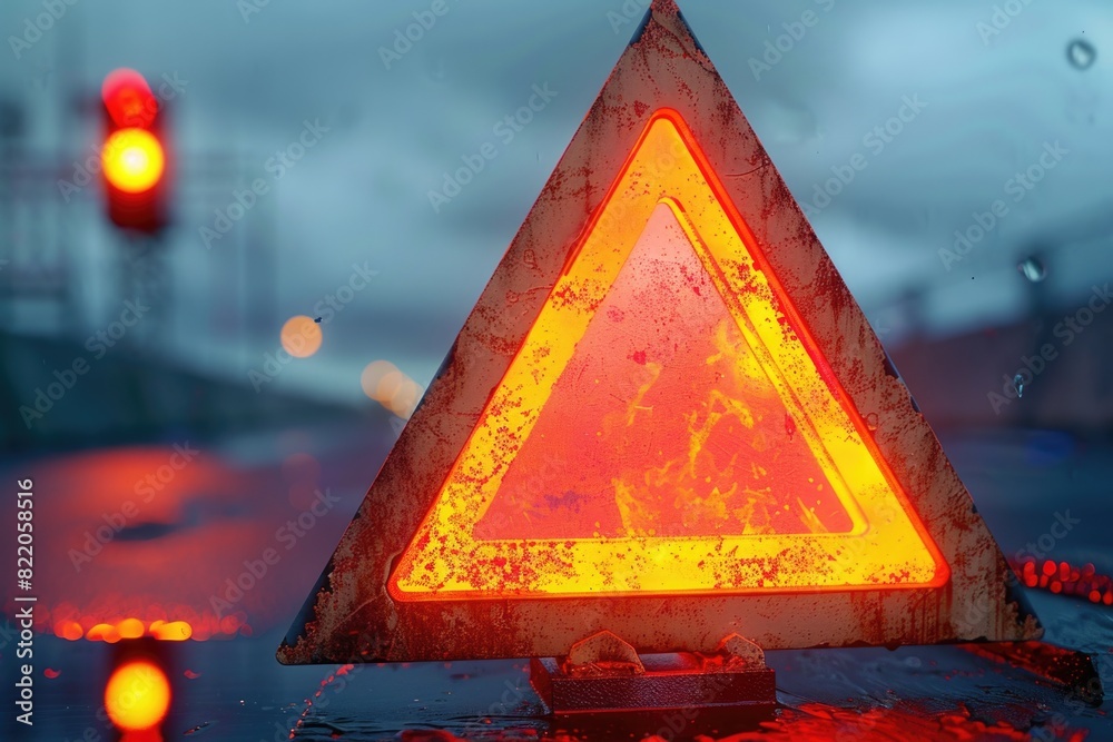Poster a warning sign on the side of a road, suitable for traffic safety concepts